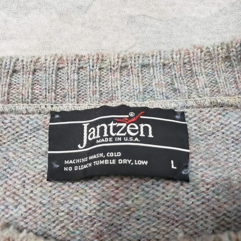 Vintage Jantzen Sweater Mens Large Gray Fair Isle Pullover Birds Eye Grandpa